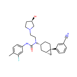 Cc1ccc(NC(=O)N(CCN2CC[C@@H](O)C2)[C@@H]2CC[C@]3(c4cccc(C#N)c4)C[C@@H]3C2)cc1F ZINC000028649828