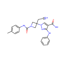 Cc1ccc(NC(=O)N2CC(CC#N)(n3cc(C(N)=O)c(Nc4ccccc4)n3)C2)cc1 ZINC000222078053