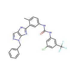 Cc1ccc(NC(=O)Nc2cc(Cl)cc(C(F)(F)F)c2)cc1-c1nc2c(cnn2Cc2ccccc2)[nH]1 ZINC000049777009