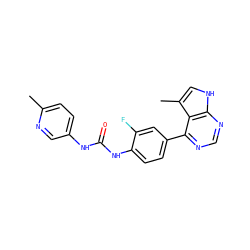Cc1ccc(NC(=O)Nc2ccc(-c3ncnc4[nH]cc(C)c34)cc2F)cn1 ZINC000473154347