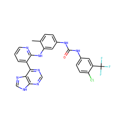 Cc1ccc(NC(=O)Nc2ccc(Cl)c(C(F)(F)F)c2)cc1Nc1ncccc1-c1ncnc2[nH]cnc12 ZINC000299823709