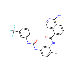 Cc1ccc(NC(=O)Nc2cccc(C(F)(F)F)c2)cc1NC(=O)c1cccc2c(N)nccc12 ZINC001772624267