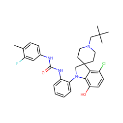 Cc1ccc(NC(=O)Nc2ccccc2N2CC3(CCN(CC(C)(C)C)CC3)c3c(Cl)ccc(O)c32)cc1F ZINC001772597182