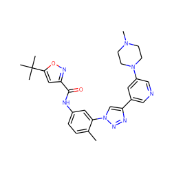 Cc1ccc(NC(=O)c2cc(C(C)(C)C)on2)cc1-n1cc(-c2cncc(N3CCN(C)CC3)c2)nn1 ZINC000199364250