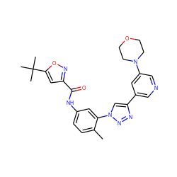 Cc1ccc(NC(=O)c2cc(C(C)(C)C)on2)cc1-n1cc(-c2cncc(N3CCOCC3)c2)nn1 ZINC000118855128