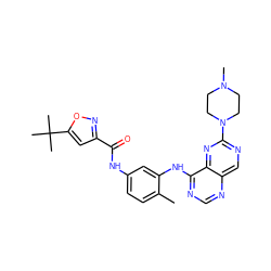 Cc1ccc(NC(=O)c2cc(C(C)(C)C)on2)cc1Nc1ncnc2cnc(N3CCN(C)CC3)nc12 ZINC000169700805