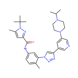 Cc1ccc(NC(=O)c2cc(C)n(C(C)(C)C)n2)cc1-n1cc(-c2cncc(N3CCN(C(C)C)CC3)c2)nn1 ZINC000118861075