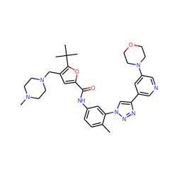 Cc1ccc(NC(=O)c2cc(CN3CCN(C)CC3)c(C(C)(C)C)o2)cc1-n1cc(-c2cncc(N3CCOCC3)c2)nn1 ZINC000118853554