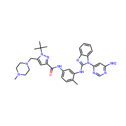 Cc1ccc(NC(=O)c2cc(CN3CCN(C)CC3)n(C(C)(C)C)n2)cc1Nc1nc2ccccc2n1-c1cc(N)ncn1 ZINC000049775141