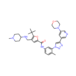 Cc1ccc(NC(=O)c2cc(CNC3CCN(C)CC3)c(C(C)(C)C)o2)cc1-n1cc(-c2cncc(N3CCOCC3)c2)nn1 ZINC000118868324