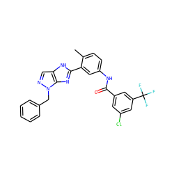 Cc1ccc(NC(=O)c2cc(Cl)cc(C(F)(F)F)c2)cc1-c1nc2c(cnn2Cc2ccccc2)[nH]1 ZINC000049036772