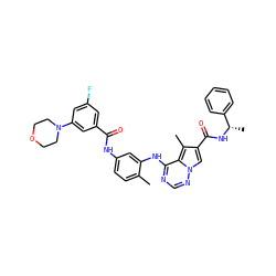 Cc1ccc(NC(=O)c2cc(F)cc(N3CCOCC3)c2)cc1Nc1ncnn2cc(C(=O)N[C@@H](C)c3ccccc3)c(C)c12 ZINC000029048333