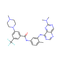 Cc1ccc(NC(=O)c2cc(N3CCN(C)CC3)cc(C(F)(F)F)c2)cc1Nc1ncnc2cnc(N(C)C)nc12 ZINC000166184224