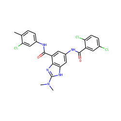 Cc1ccc(NC(=O)c2cc(NC(=O)c3cc(Cl)ccc3Cl)cc3[nH]c(N(C)C)nc23)cc1Cl ZINC000205653978