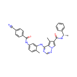 Cc1ccc(NC(=O)c2ccc(C#N)cc2)cc1Nc1ncnn2cc(C(=O)N[C@@H](C)c3ccccc3)c(C)c12 ZINC000029049584