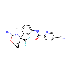 Cc1ccc(NC(=O)c2ccc(C#N)cn2)cc1[C@@]1(C(F)F)N=C(N)O[C@@H]2C[C@@H]21 ZINC000225700024
