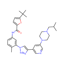 Cc1ccc(NC(=O)c2ccc(C(C)(C)C)o2)cc1-n1cc(-c2cncc(N3CCN(CC(C)C)CC3)c2)nn1 ZINC000199365437