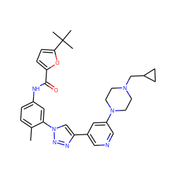 Cc1ccc(NC(=O)c2ccc(C(C)(C)C)o2)cc1-n1cc(-c2cncc(N3CCN(CC4CC4)CC3)c2)nn1 ZINC000072317206