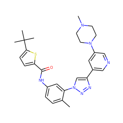 Cc1ccc(NC(=O)c2ccc(C(C)(C)C)s2)cc1-n1cc(-c2cncc(N3CCN(C)CC3)c2)nn1 ZINC000199368619