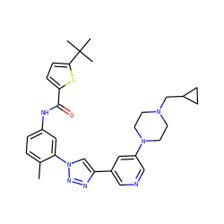 Cc1ccc(NC(=O)c2ccc(C(C)(C)C)s2)cc1-n1cc(-c2cncc(N3CCN(CC4CC4)CC3)c2)nn1 ZINC000224281308