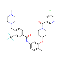 Cc1ccc(NC(=O)c2ccc(CN3CCN(C)CC3)c(C(F)(F)F)c2)cc1OC1CCN(C(=O)c2cncc(Cl)c2)CC1 ZINC001772600698