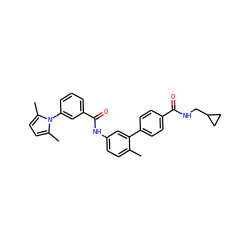 Cc1ccc(NC(=O)c2cccc(-n3c(C)ccc3C)c2)cc1-c1ccc(C(=O)NCC2CC2)cc1 ZINC000040408756