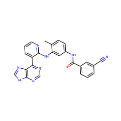 Cc1ccc(NC(=O)c2cccc(C#N)c2)cc1Nc1ncccc1-c1ncnc2[nH]cnc12 ZINC000299820096