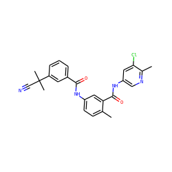 Cc1ccc(NC(=O)c2cccc(C(C)(C)C#N)c2)cc1C(=O)Nc1cnc(C)c(Cl)c1 ZINC000095589666