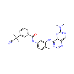 Cc1ccc(NC(=O)c2cccc(C(C)(C)C#N)c2)cc1Nc1ncnc2cnc(N(C)C)nc12 ZINC000166224045