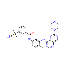 Cc1ccc(NC(=O)c2cccc(C(C)(C)C#N)c2)cc1Nc1ncnc2cnc(N3CCN(C)CC3)nc12 ZINC000166159718