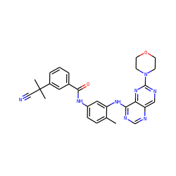 Cc1ccc(NC(=O)c2cccc(C(C)(C)C#N)c2)cc1Nc1ncnc2cnc(N3CCOCC3)nc12 ZINC000166153144
