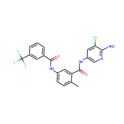 Cc1ccc(NC(=O)c2cccc(C(F)(F)F)c2)cc1C(=O)Nc1cnc(N)c(Cl)c1 ZINC000040917959