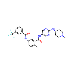 Cc1ccc(NC(=O)c2cccc(C(F)(F)F)c2)cc1C(=O)Nc1cnc(NC2CCN(C)CC2)nc1 ZINC000029135473