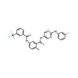 Cc1ccc(NC(=O)c2cccc(C(F)(F)F)c2)cc1C(=O)Nc1cnc(Nc2cccc(F)c2)nc1 ZINC000169352887