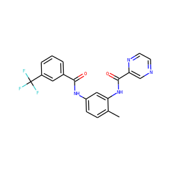 Cc1ccc(NC(=O)c2cccc(C(F)(F)F)c2)cc1NC(=O)c1cnccn1 ZINC000040420561