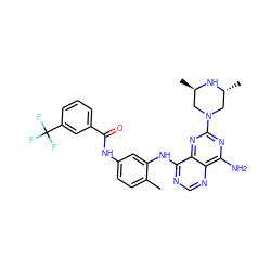 Cc1ccc(NC(=O)c2cccc(C(F)(F)F)c2)cc1Nc1ncnc2c(N)nc(N3C[C@@H](C)N[C@H](C)C3)nc12 ZINC000166142588