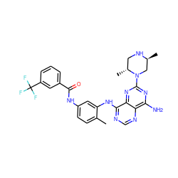 Cc1ccc(NC(=O)c2cccc(C(F)(F)F)c2)cc1Nc1ncnc2c(N)nc(N3C[C@H](C)NC[C@H]3C)nc12 ZINC000166164985