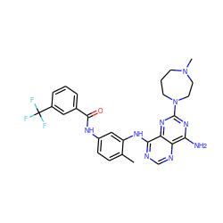 Cc1ccc(NC(=O)c2cccc(C(F)(F)F)c2)cc1Nc1ncnc2c(N)nc(N3CCCN(C)CC3)nc12 ZINC000166141452