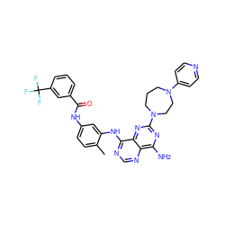Cc1ccc(NC(=O)c2cccc(C(F)(F)F)c2)cc1Nc1ncnc2c(N)nc(N3CCCN(c4ccncc4)CC3)nc12 ZINC000166171283