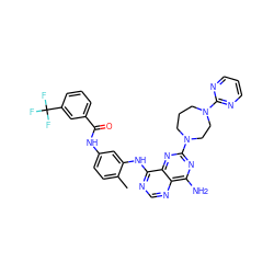 Cc1ccc(NC(=O)c2cccc(C(F)(F)F)c2)cc1Nc1ncnc2c(N)nc(N3CCCN(c4ncccn4)CC3)nc12 ZINC000166170374
