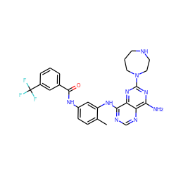 Cc1ccc(NC(=O)c2cccc(C(F)(F)F)c2)cc1Nc1ncnc2c(N)nc(N3CCCNCC3)nc12 ZINC000140578133