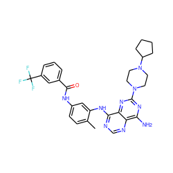 Cc1ccc(NC(=O)c2cccc(C(F)(F)F)c2)cc1Nc1ncnc2c(N)nc(N3CCN(C4CCCC4)CC3)nc12 ZINC000166141074