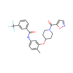 Cc1ccc(NC(=O)c2cccc(C(F)(F)F)c2)cc1OC1CCN(C(=O)c2ccno2)CC1 ZINC000653823243