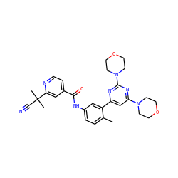 Cc1ccc(NC(=O)c2ccnc(C(C)(C)C#N)c2)cc1-c1cc(N2CCOCC2)nc(N2CCOCC2)n1 ZINC000220462785