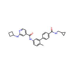 Cc1ccc(NC(=O)c2ccnc(NC3CCC3)c2)cc1-c1ccc(C(=O)NCC2CC2)cc1 ZINC000040918325