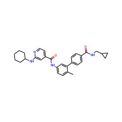 Cc1ccc(NC(=O)c2ccnc(NC3CCCCC3)c2)cc1-c1ccc(C(=O)NCC2CC2)cc1 ZINC000040918326