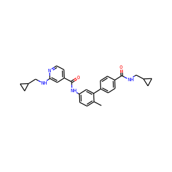 Cc1ccc(NC(=O)c2ccnc(NCC3CC3)c2)cc1-c1ccc(C(=O)NCC2CC2)cc1 ZINC000040405853
