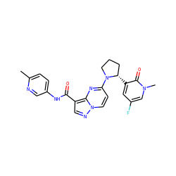 Cc1ccc(NC(=O)c2cnn3ccc(N4CCC[C@@H]4c4cc(F)cn(C)c4=O)nc23)cn1 ZINC000169704291