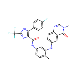 Cc1ccc(NC(=O)c2nc(C(F)(F)F)[nH]c2-c2ccc(F)cc2)cc1Nc1ccc2ncn(C)c(=O)c2c1 ZINC000049756000