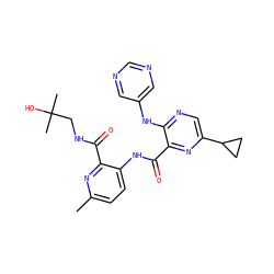 Cc1ccc(NC(=O)c2nc(C3CC3)cnc2Nc2cncnc2)c(C(=O)NCC(C)(C)O)n1 ZINC000169701806